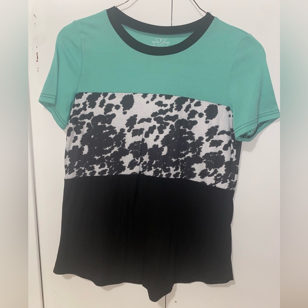 Women’s Crazy Train Shirt, teal, cow print & black, Medium